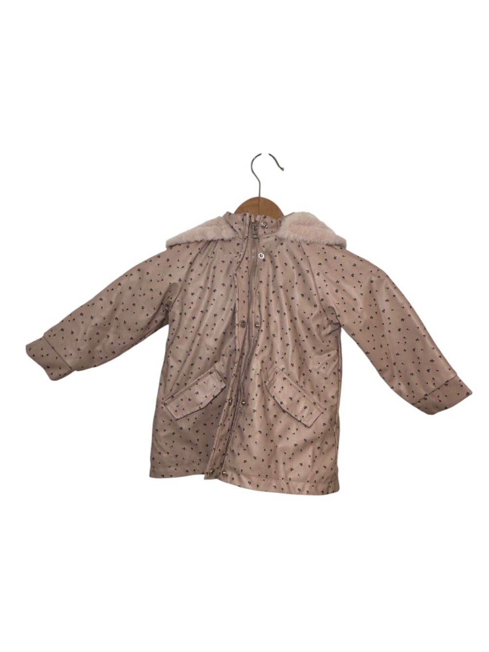 ZARA dusty pink floral hooded rain jacket with faux fur lining - size 2-3